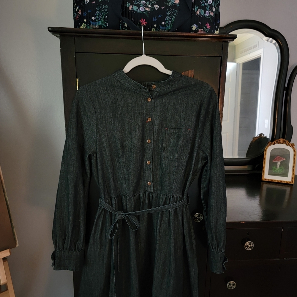 Women's Dark Blue Denim Dress Midi Length Vintage Inspired